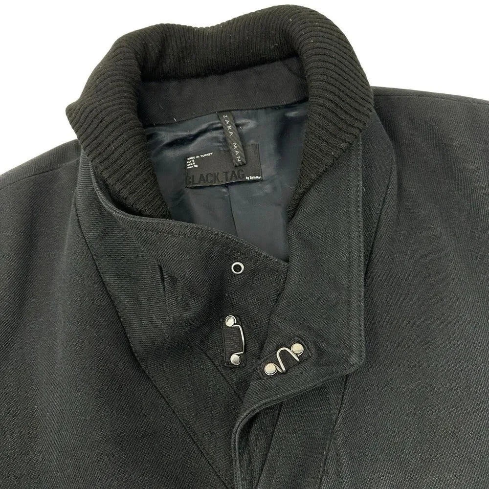 ZARA MAN Black Tag Coat Black Zip Hook Closure Cotton Wool Poly Blend‎ Small